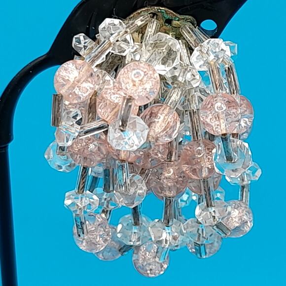 Vintage Pink Clear Waterfall Clip Earrings, Hand-Threaded, 1940s, 2" - Picture 7 of 12